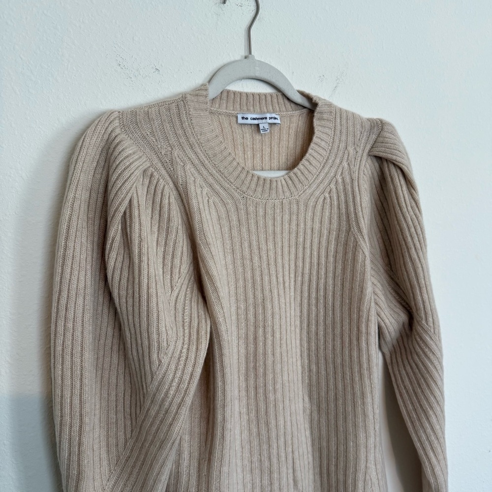 The Cashmere Project Cream Pullover Sweater Large Ribbed Crewneck Puff Sleeve - Picture 2 of 6